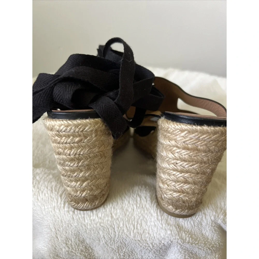 Castaner Black Leather Espadrille Wedge Heel Sandal Shoes Size 37